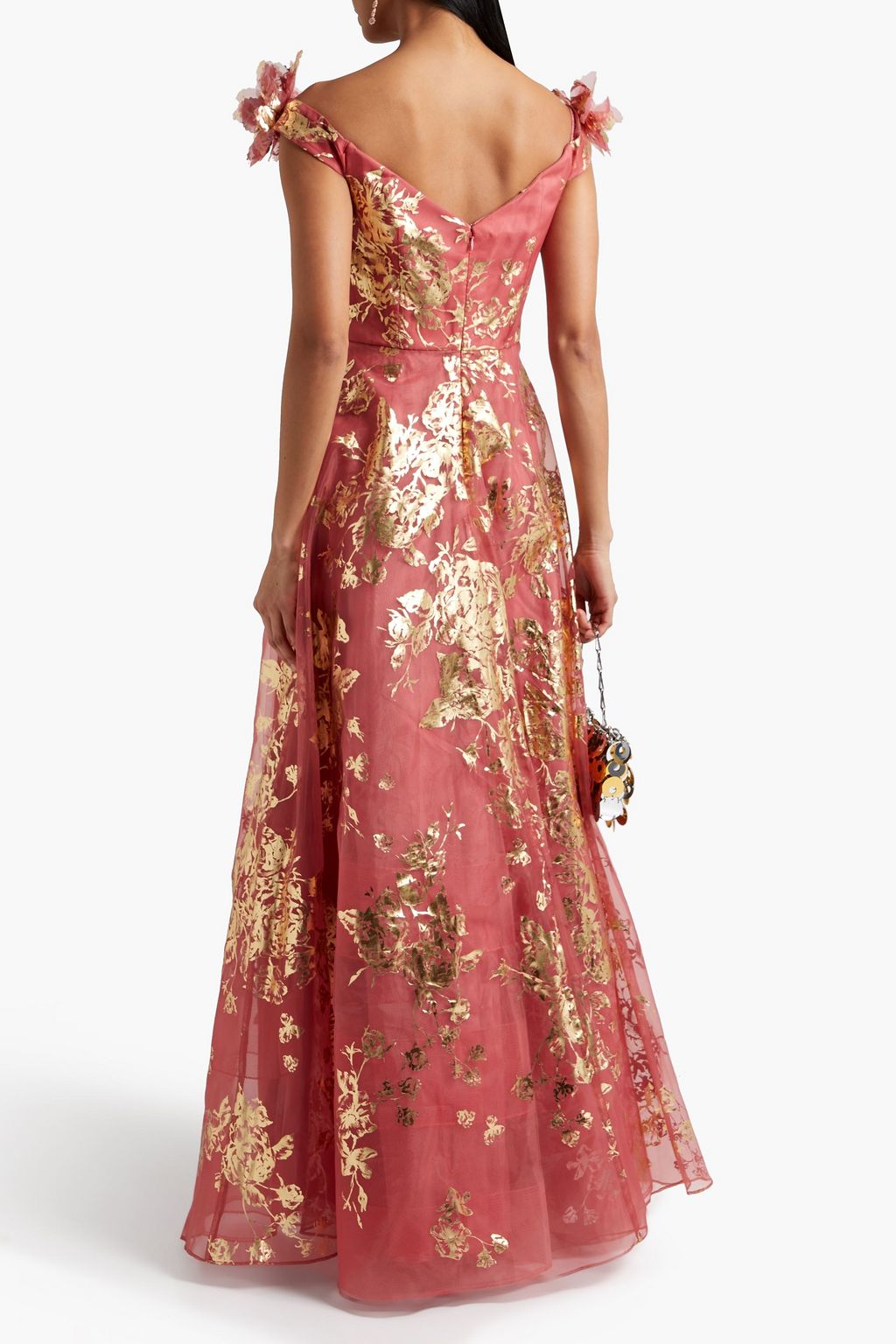 MARCHESA NOTTE Off-the-shoulder floral-appliquéd printed organza gown