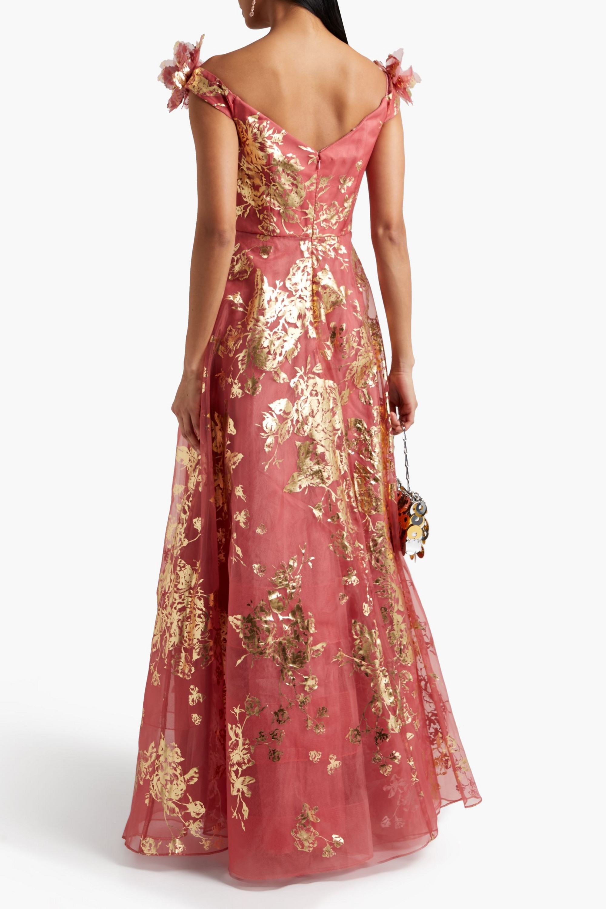 MARCHESA NOTTE Off-the-shoulder floral-appliquéd printed organza gown thumbnail
