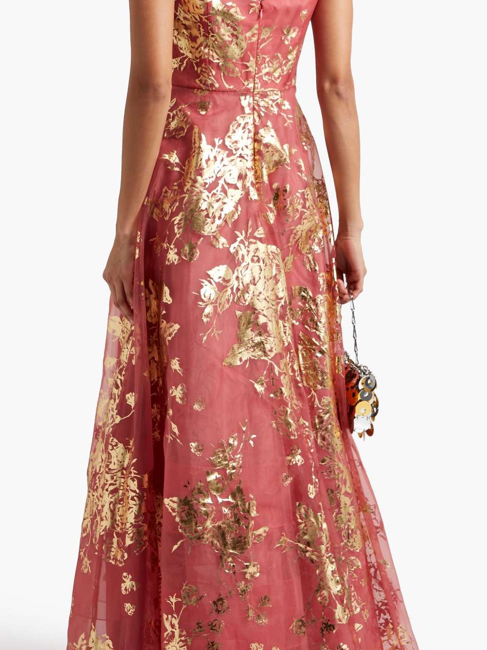 off-the-shoulder floral-appliquéd printed organza gown