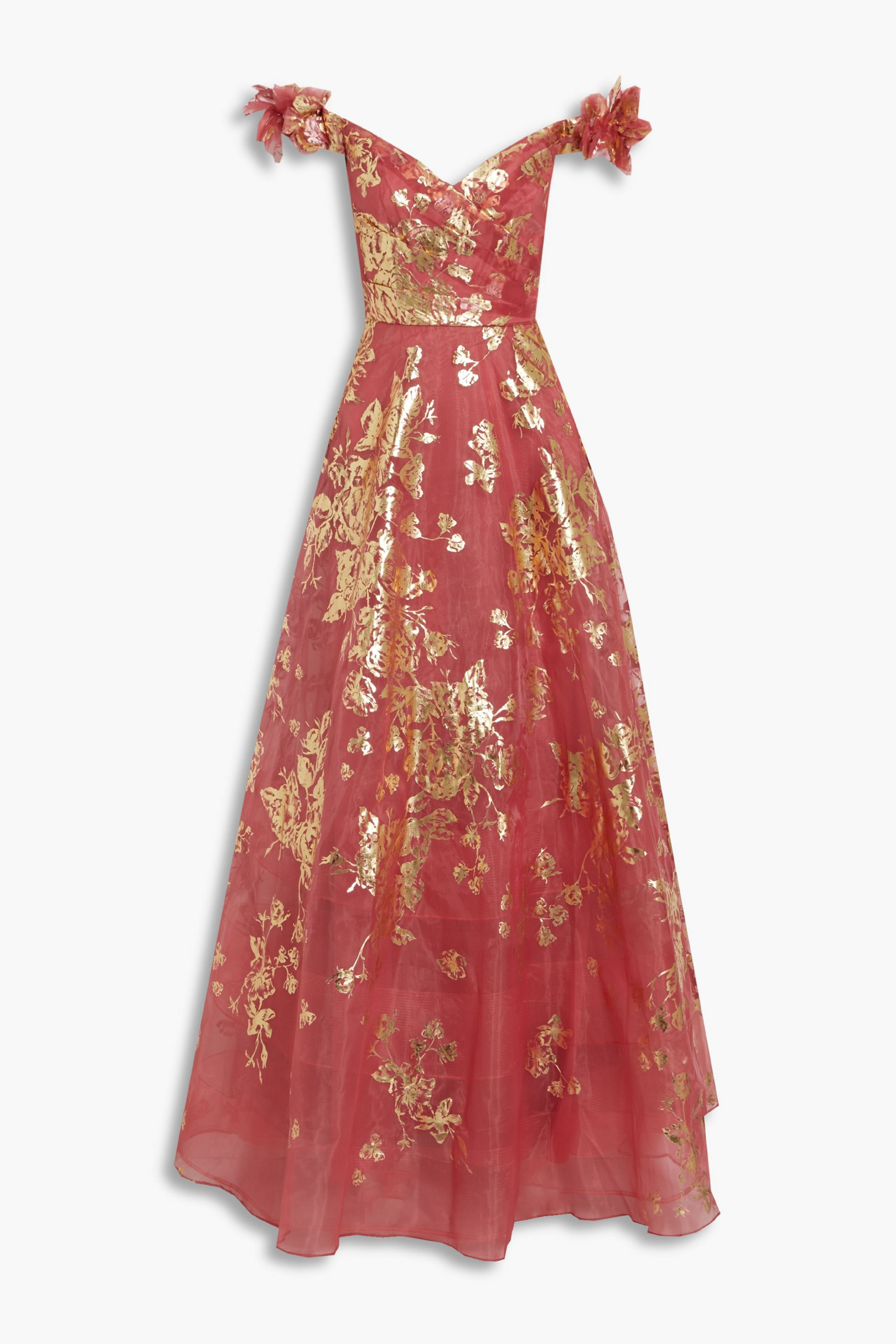 MARCHESA NOTTE Off-the-shoulder floral-appliquéd printed organza gown thumbnail