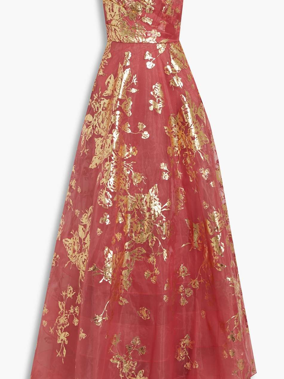 off-the-shoulder floral-appliquéd printed organza gown