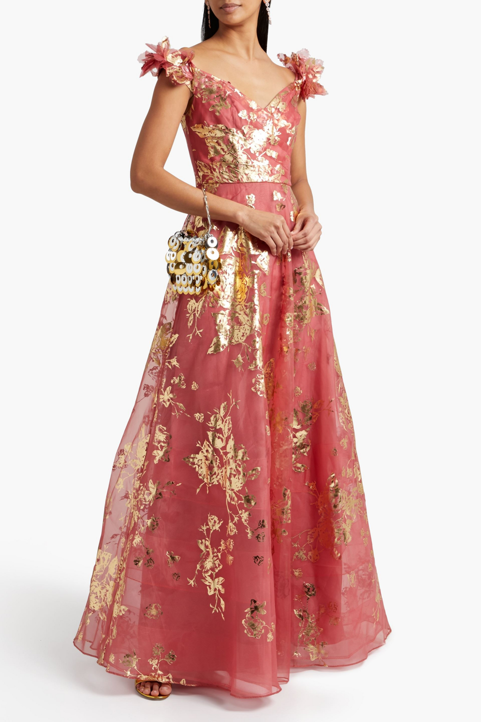 MARCHESA NOTTE Off-the-shoulder floral-appliquéd printed organza gown