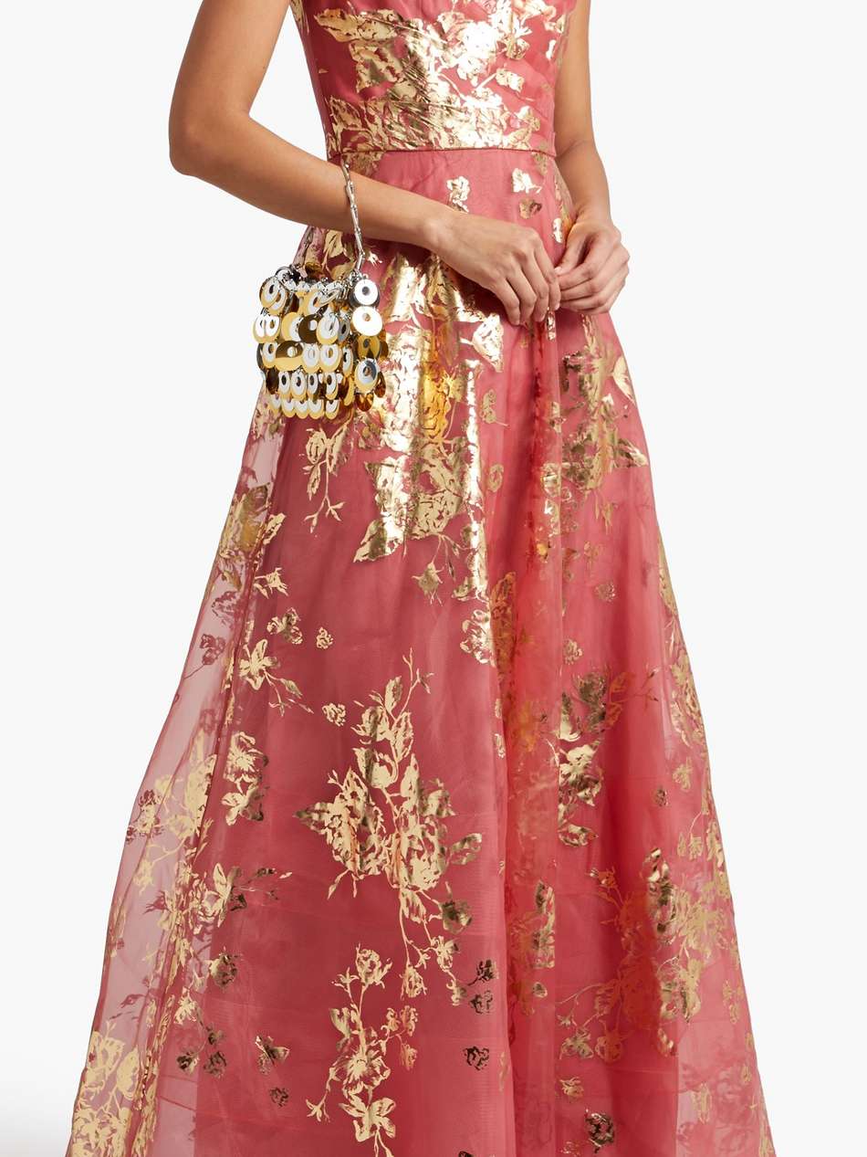 off-the-shoulder floral-appliquéd printed organza gown