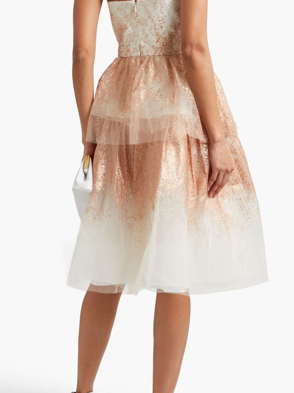 strapless tiered glittered tulle midi dress