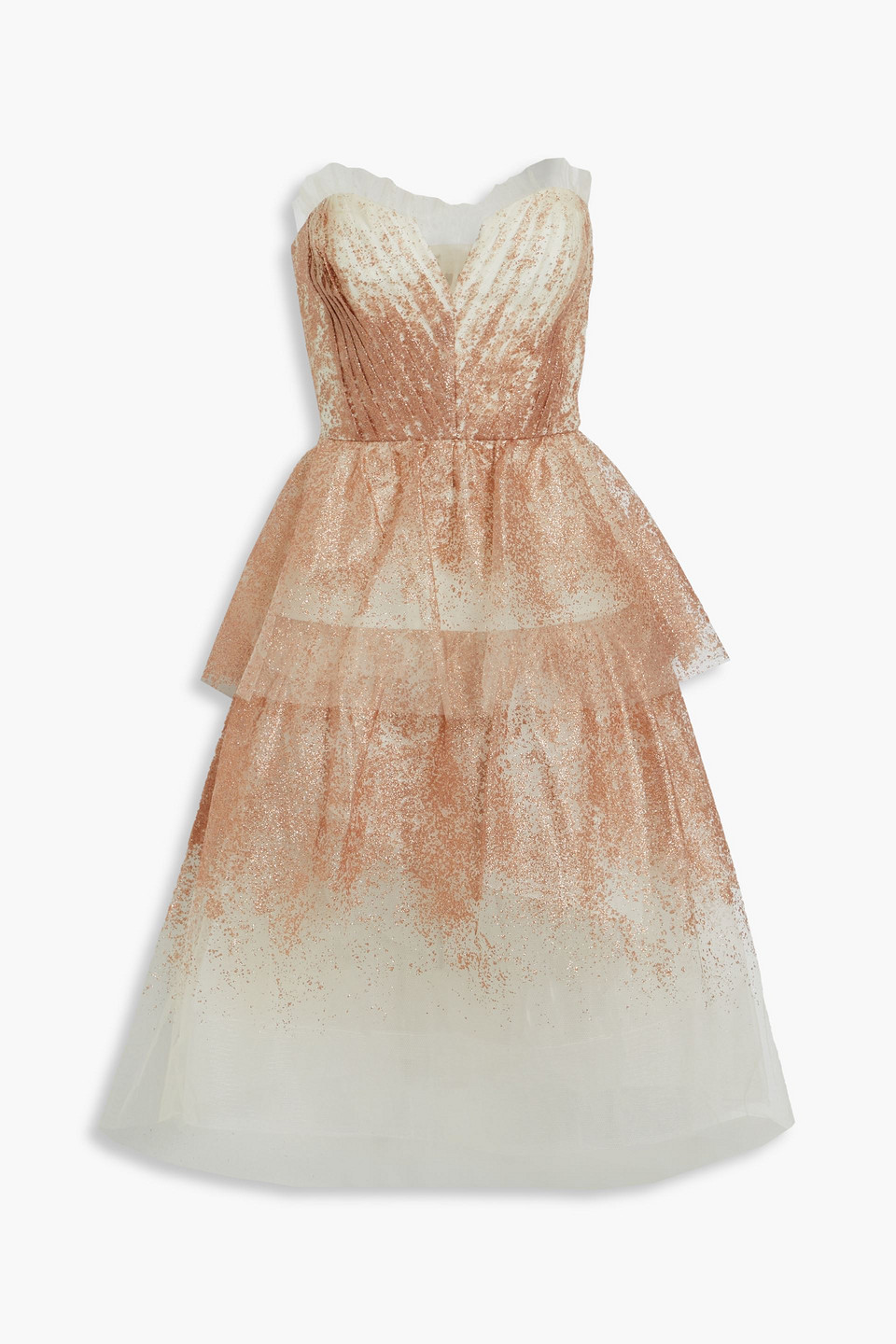 Strapless tiered glittered tulle midi dress