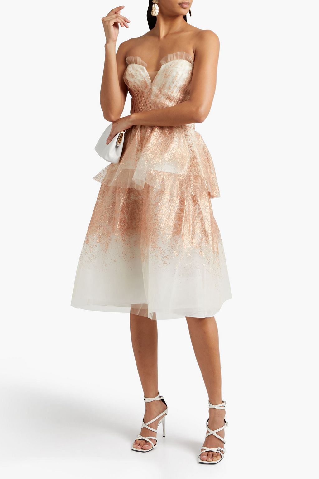 MARCHESA NOTTE Strapless tiered glittered tulle midi dress
