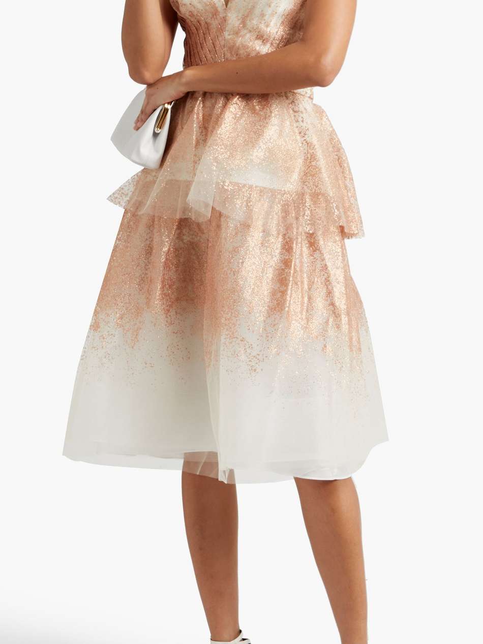 strapless tiered glittered tulle midi dress
