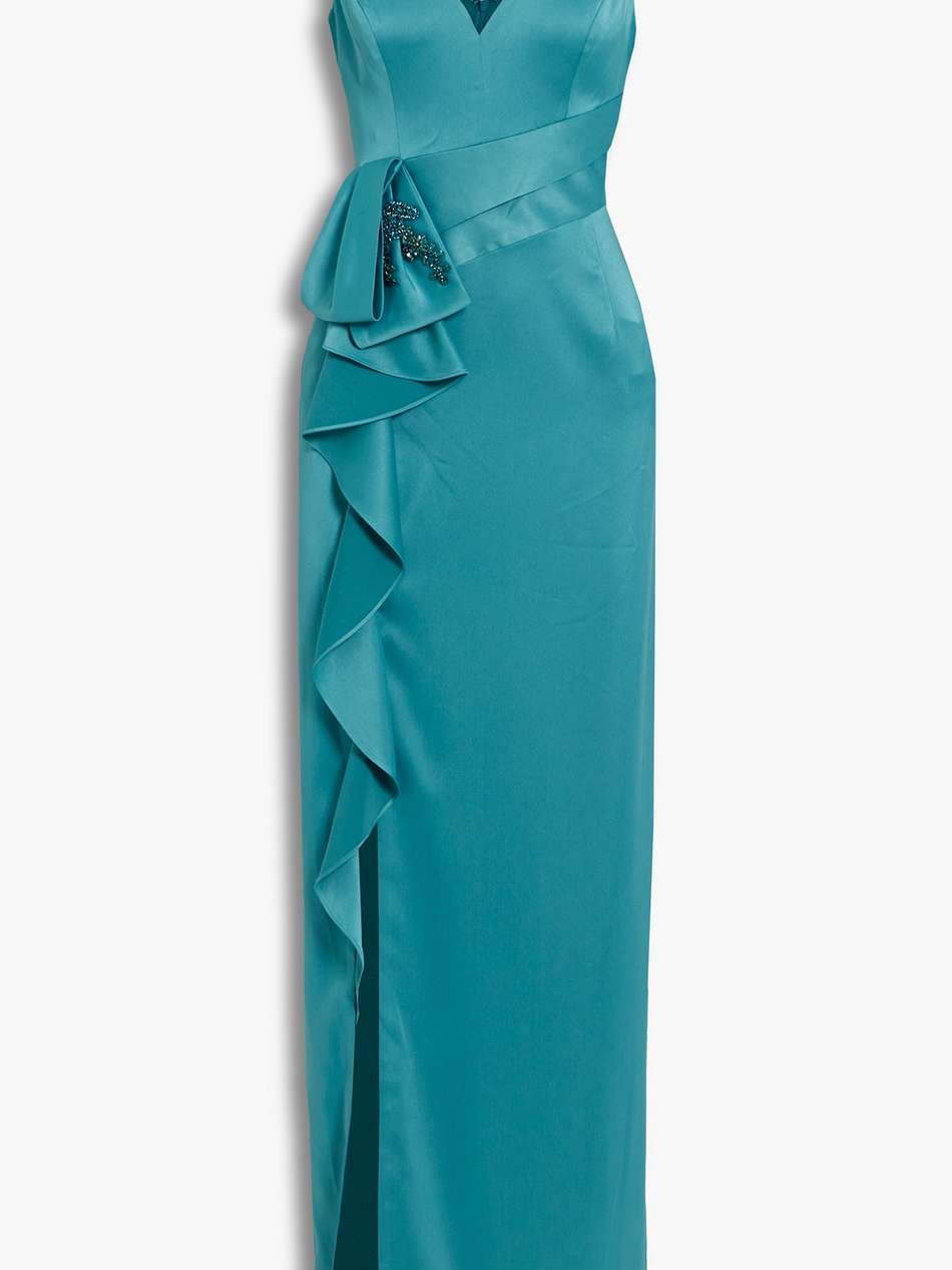embellished ruffled satin-crepe gown