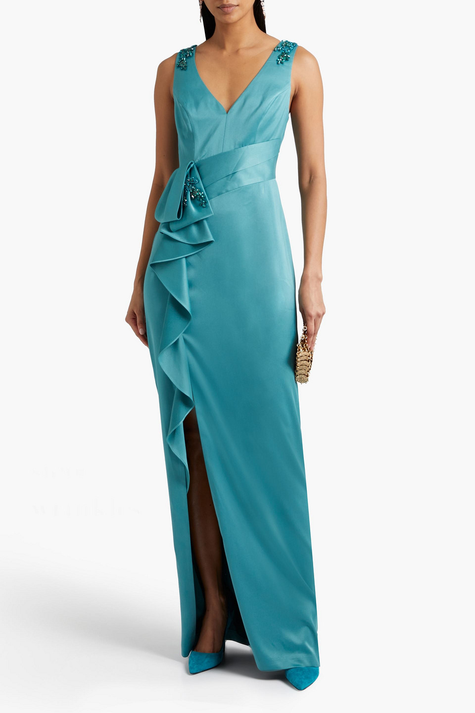 Marchesa Notte Embellished Ruffled Satin-crepe Gown In Teal