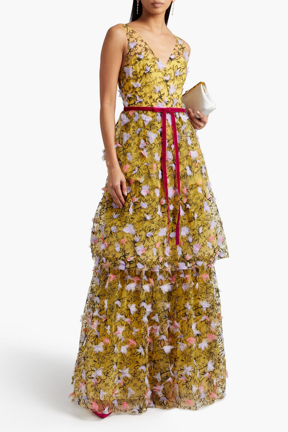 Shop Marchesa Notte Tiered Embellished Tulle Gown In Mustard