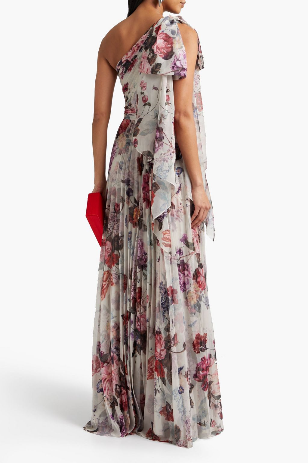 MARCHESA NOTTE One-shoulder pleated floral-print chiffon gown