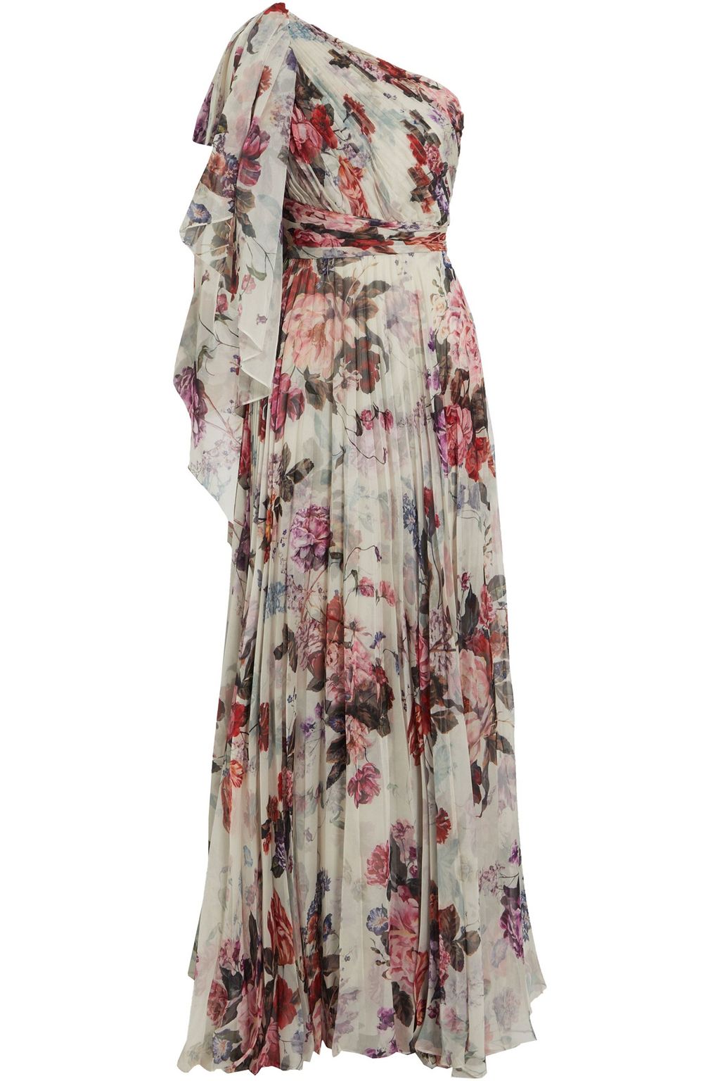 MARCHESA NOTTE One-shoulder pleated floral-print chiffon gown