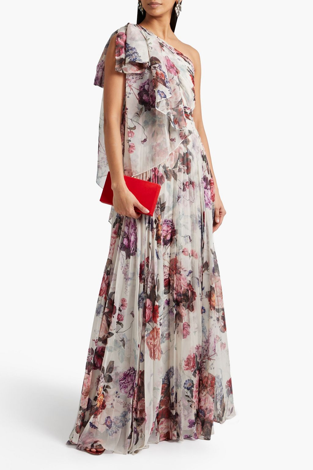 MARCHESA NOTTE One-shoulder pleated floral-print chiffon gown