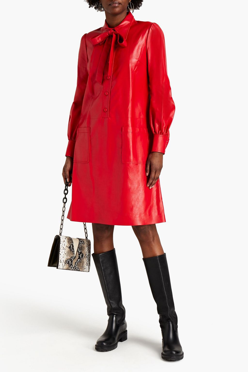 MARC JACOBS Pussy-bow faux leather mini shirt dress