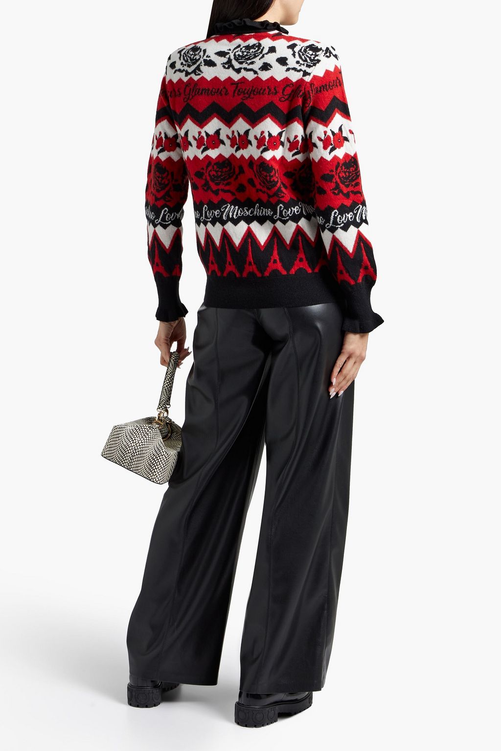 LOVE MOSCHINO Ruffle-trimmed jacquard-knit wool-blend cardigan