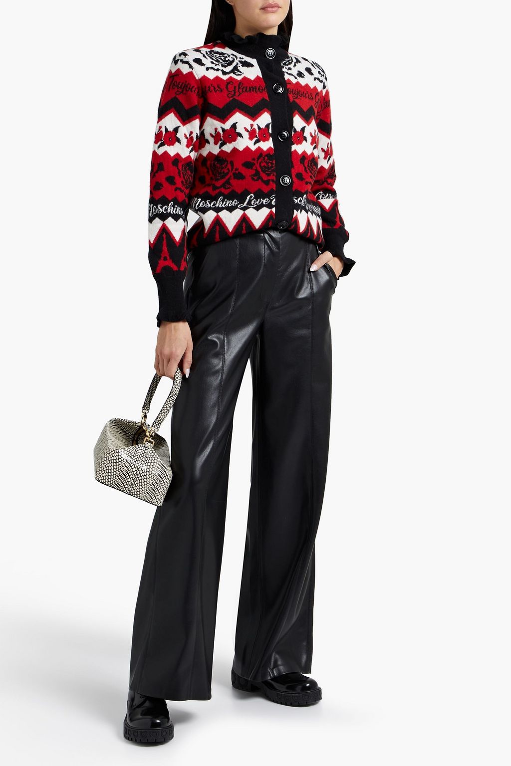 LOVE MOSCHINO Ruffle-trimmed jacquard-knit wool-blend cardigan