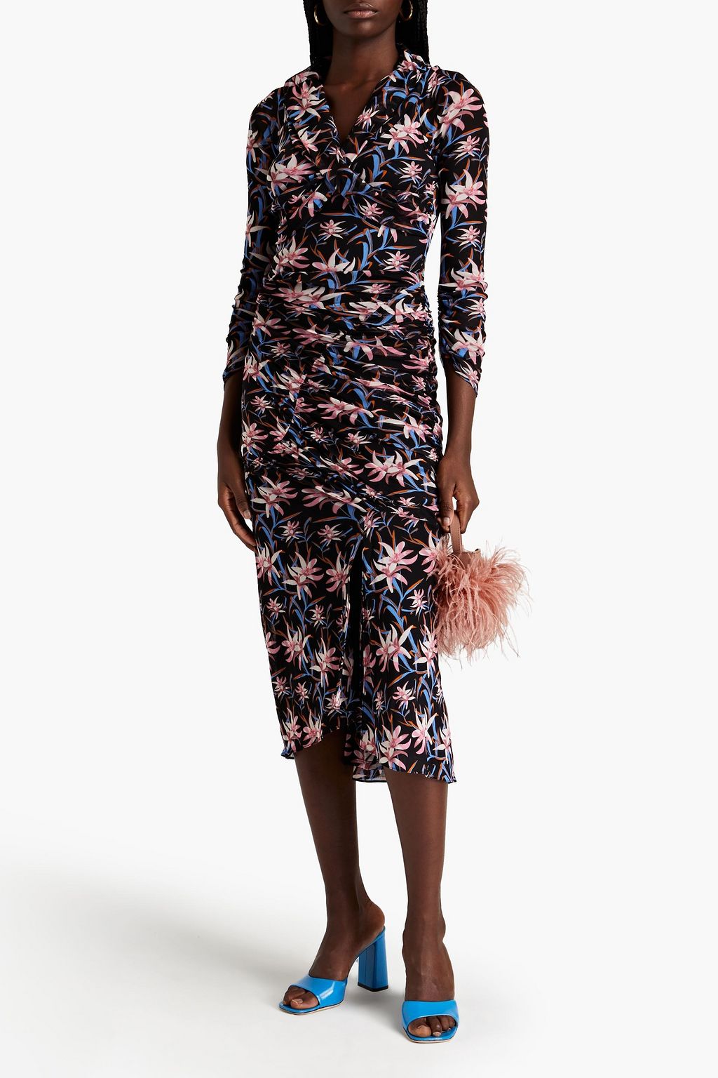 DIANE VON FURSTENBERG Ganesa ruched floral-print stretch-mesh midi ...