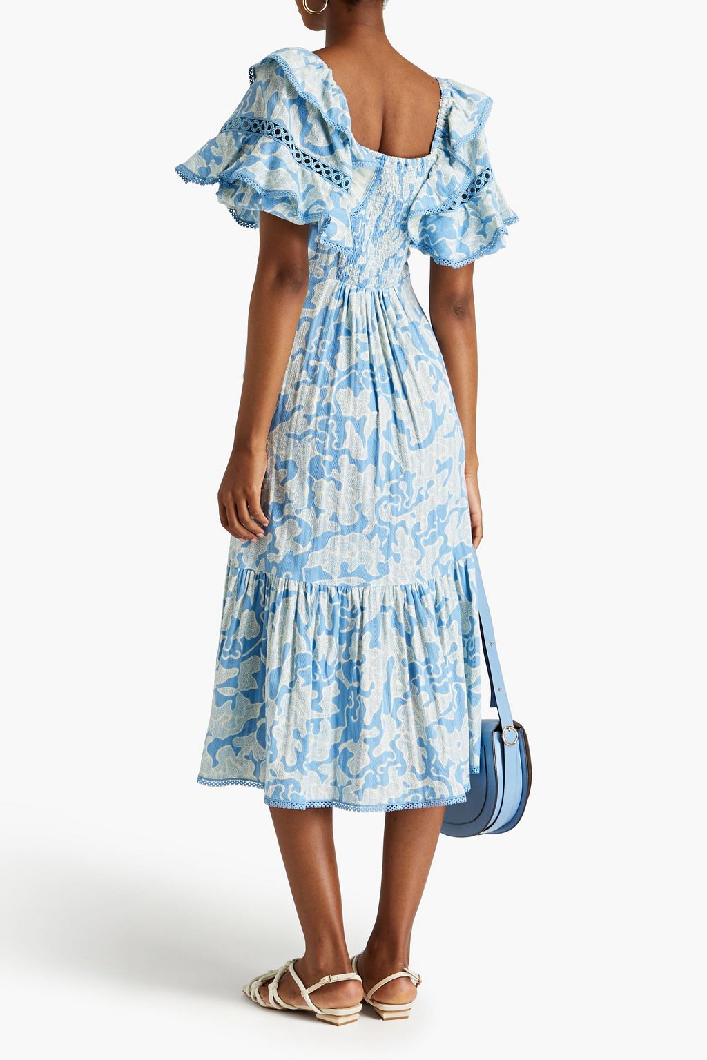 DIANE VON FURSTENBERG コットンジャカード ミディワンピース ラッフル付き プリント