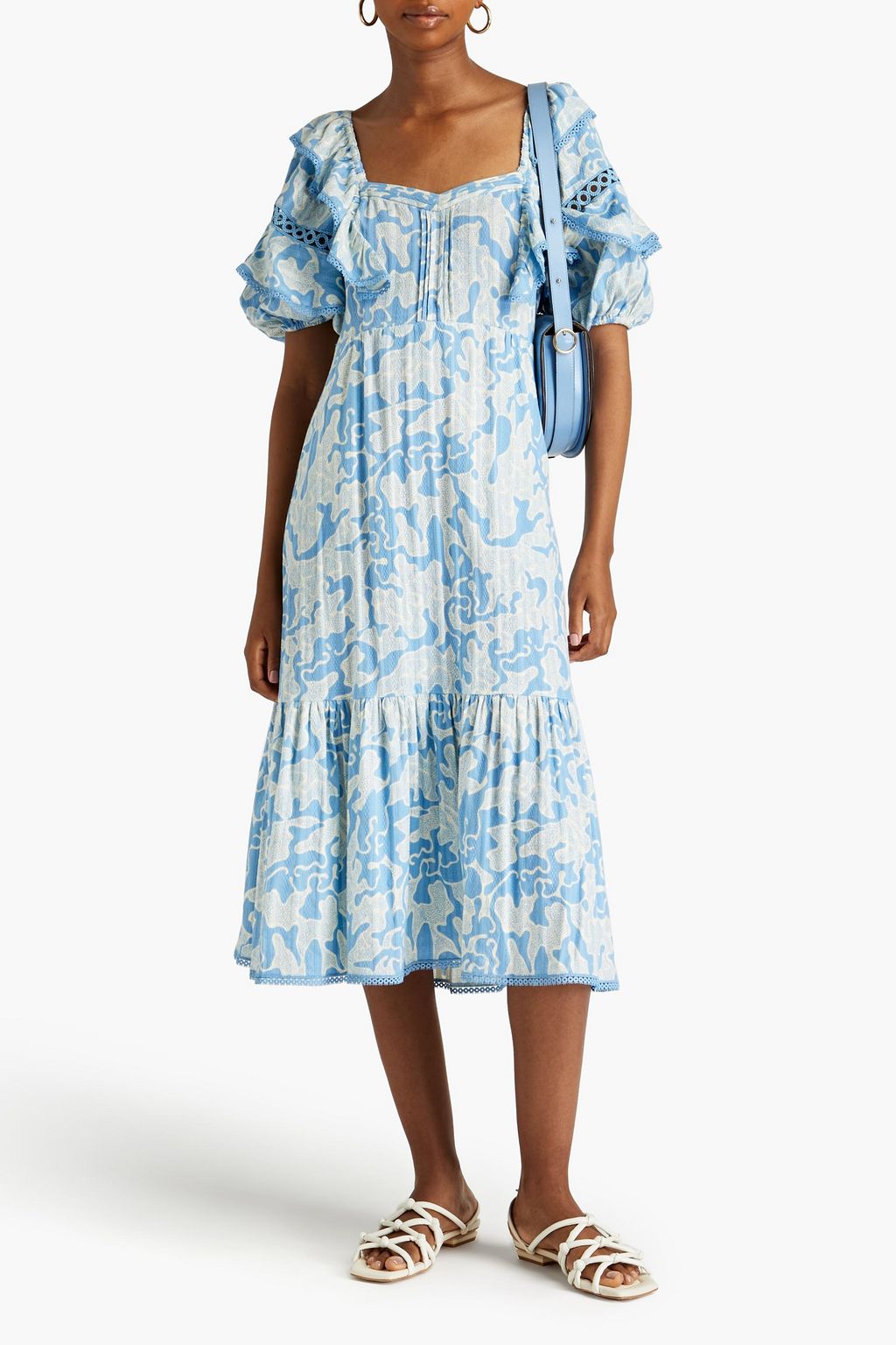 DIANE VON FURSTENBERG コットンジャカード ミディワンピース ラッフル付き プリント