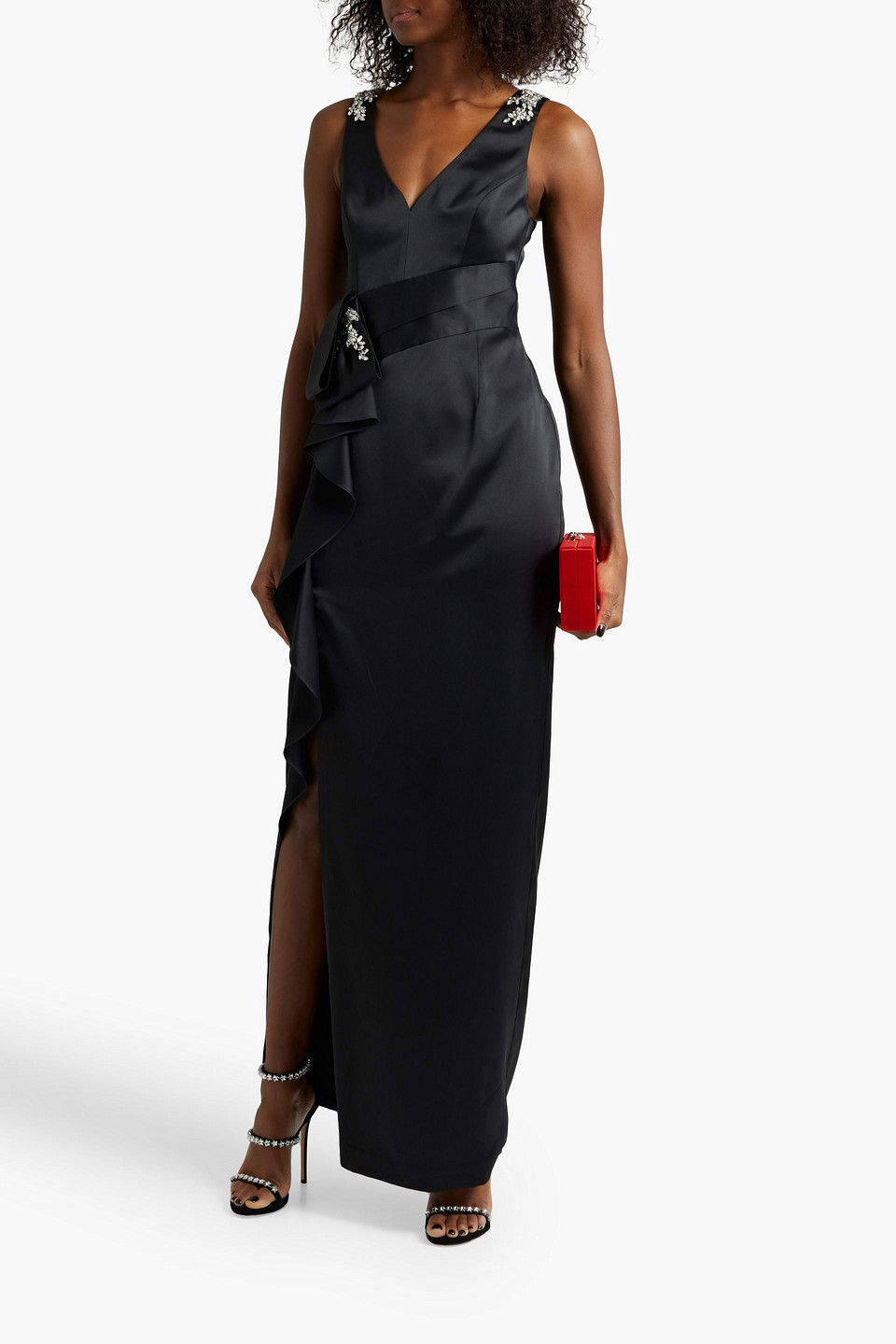 Marchesa Notte Embellished Ruffled Satin-crepe Gown In Black