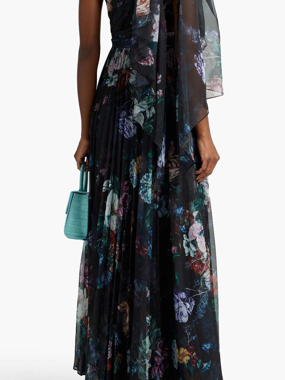 one-shoulder pleated floral-print chiffon gown