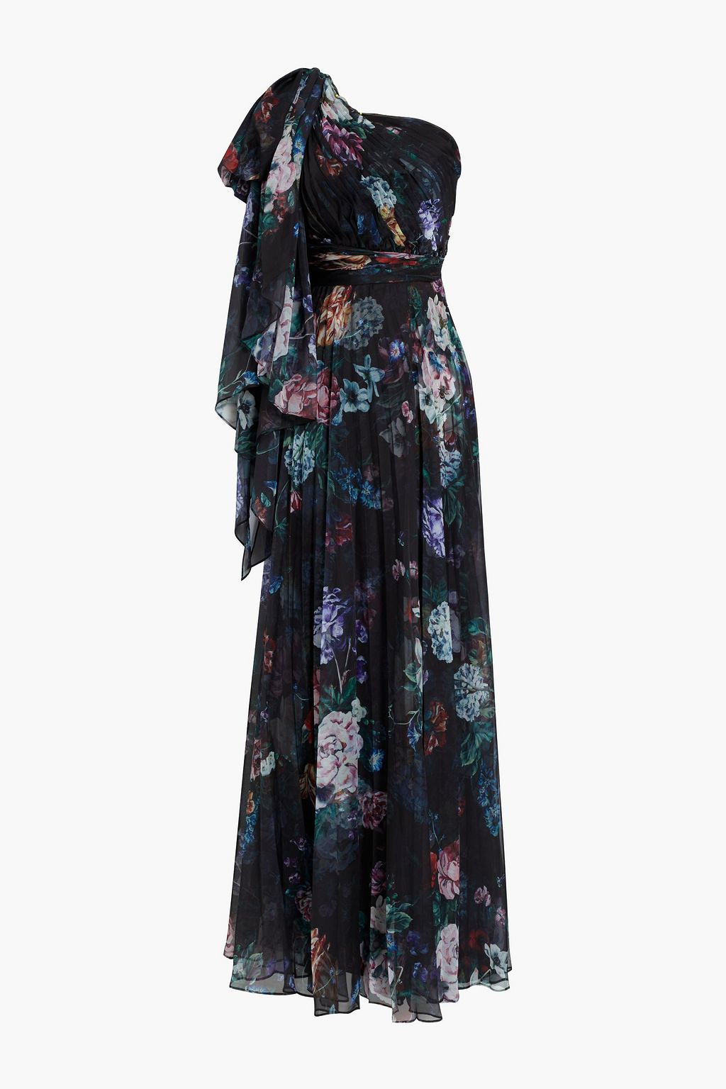 Black One-shoulder pleated floral-print ...