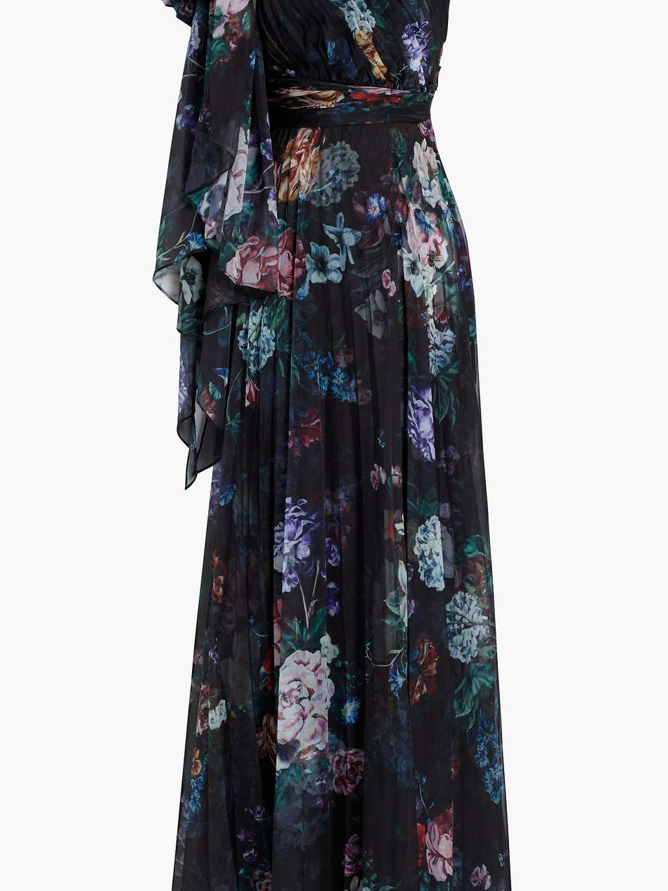 one-shoulder pleated floral-print chiffon gown