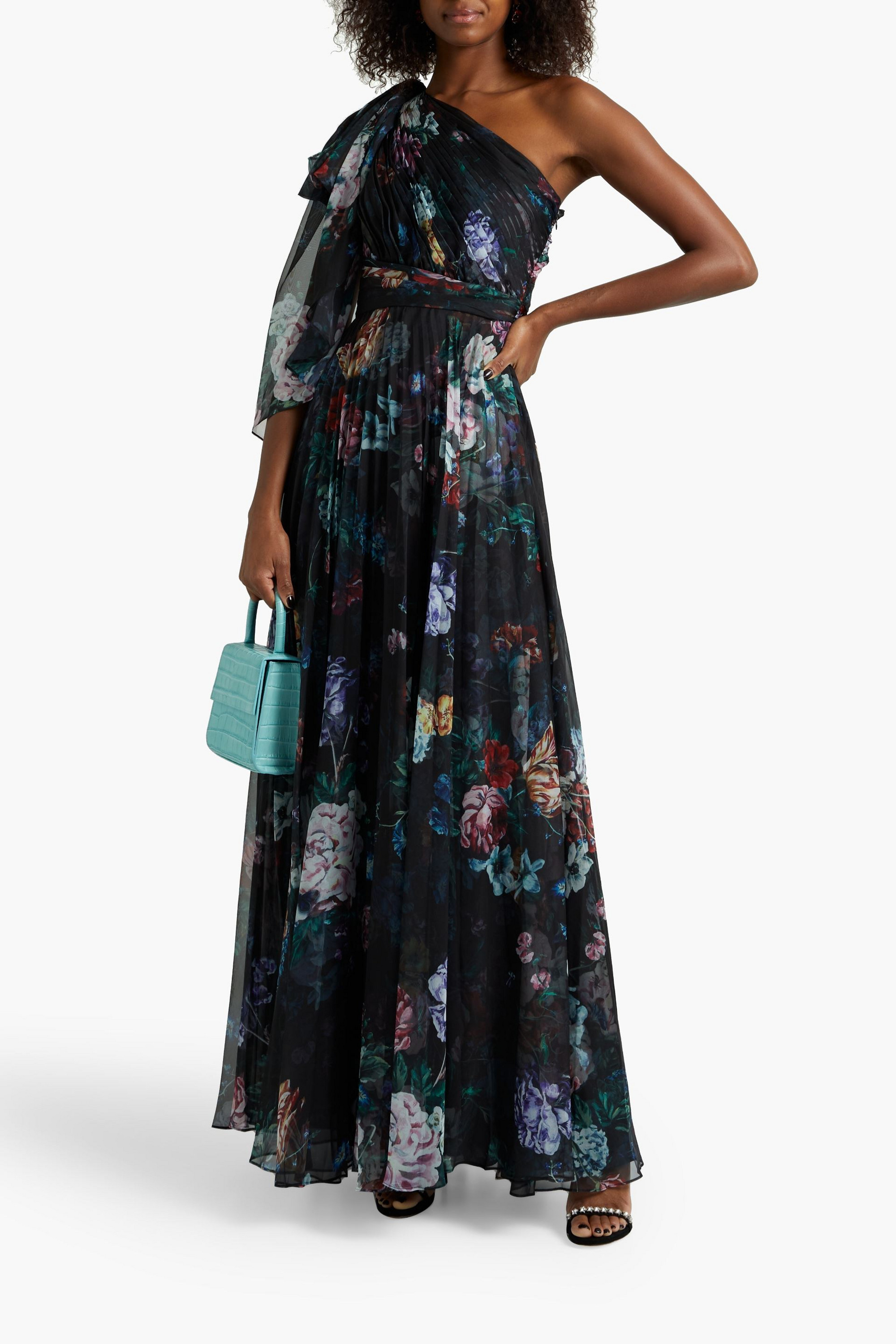 MARCHESA NOTTE One-shoulder pleated floral-print chiffon gown
