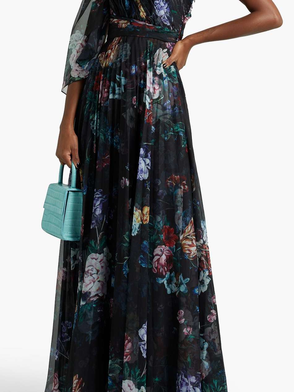 one-shoulder pleated floral-print chiffon gown