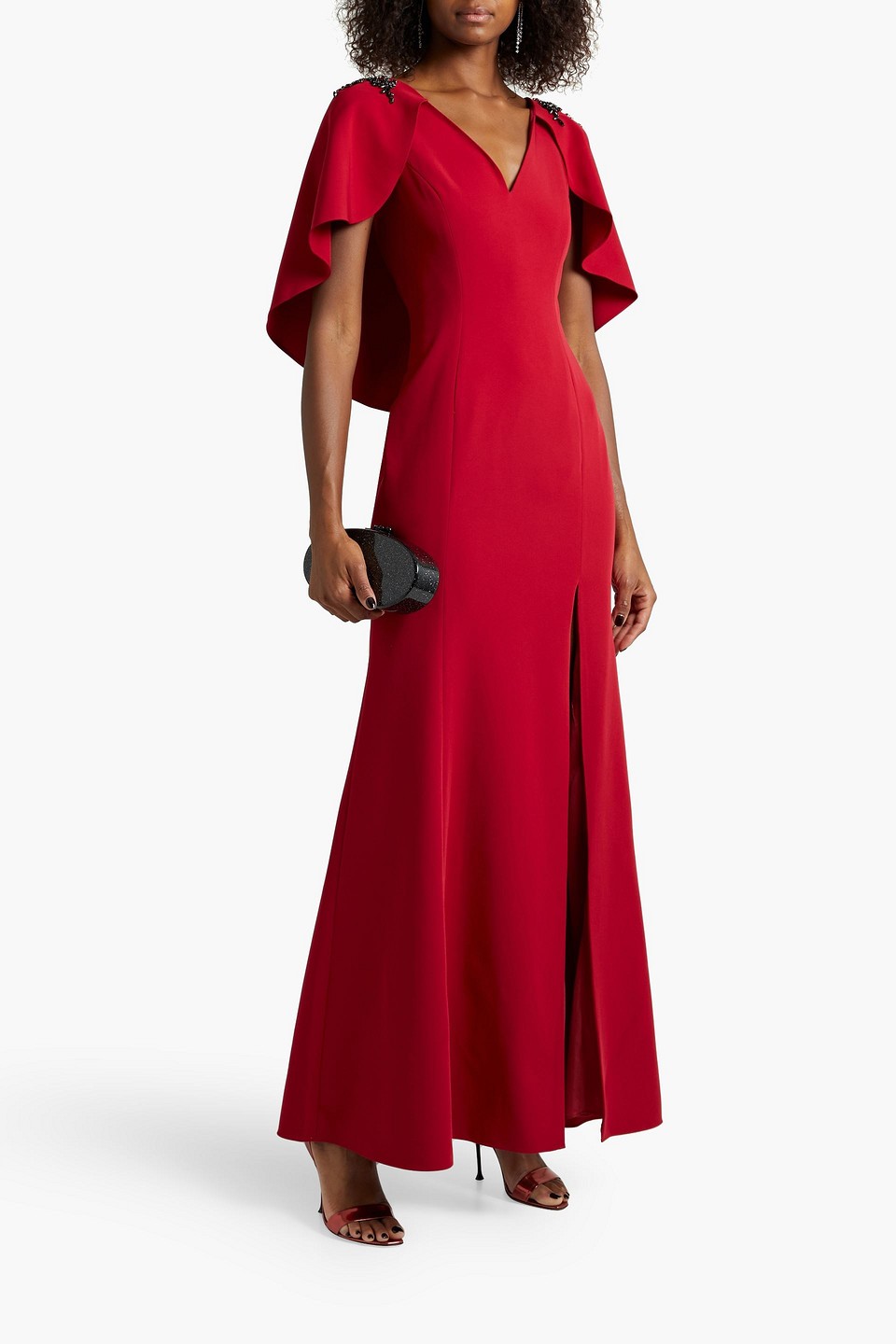 Marchesa Notte Cape-effect Embellished Stretch-crepe Gown In Red