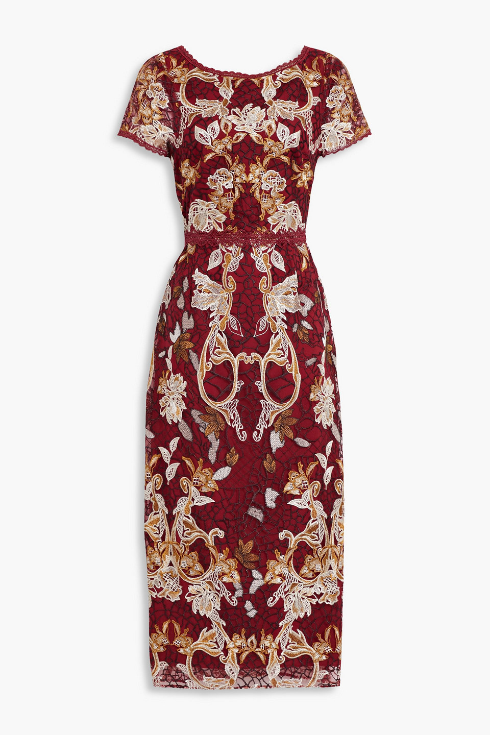 marchesa notte - embroidered tulle midi dress - burgundy - us 2