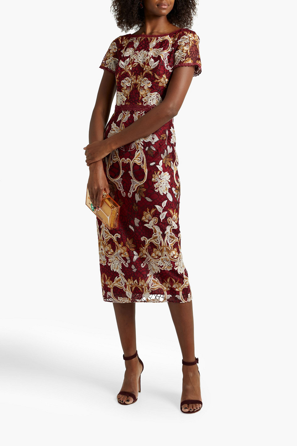 Marchesa Notte Embroidered Tulle Midi Dress In Claret