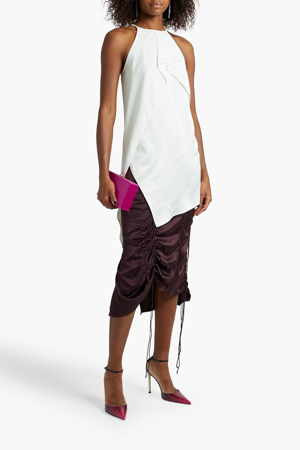 Halston Asymmetric Draped Crepe De Chine Top In White