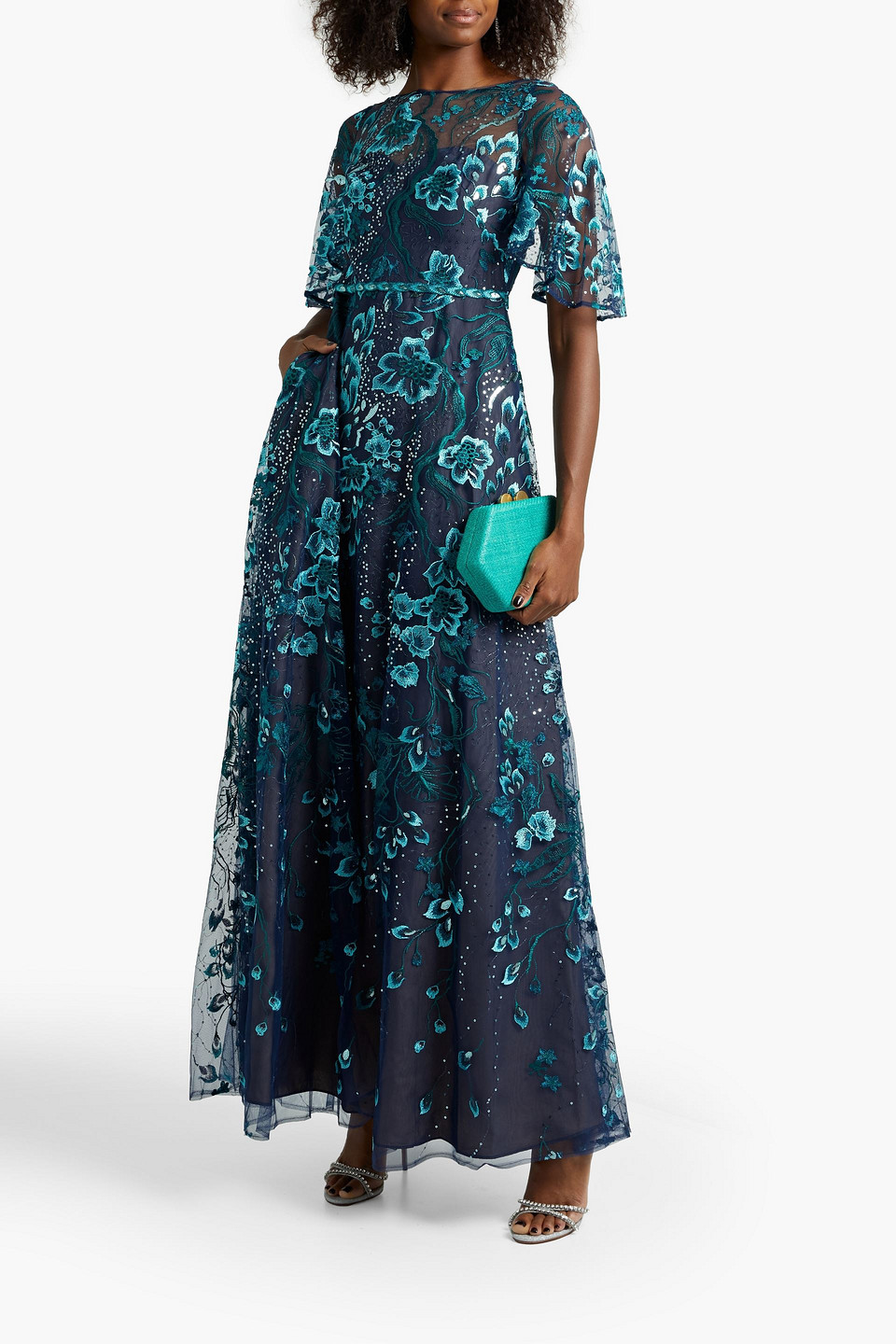 Marchesa Notte Sequin-embellished Embroidered Tulle Maxi Dress In Navy