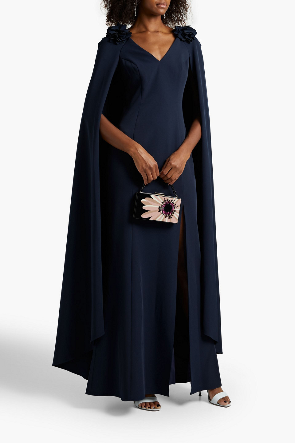 Marchesa Notte Cape-effect Floral-appliquéd Cady Gown In Navy