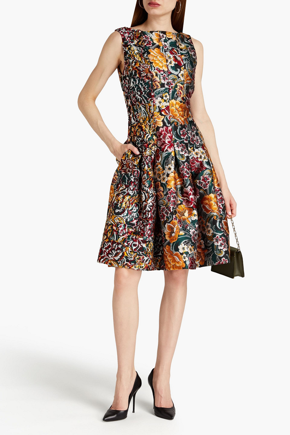 Oscar De La Renta Pleated Jacquard Dress In Forest Green | ModeSens