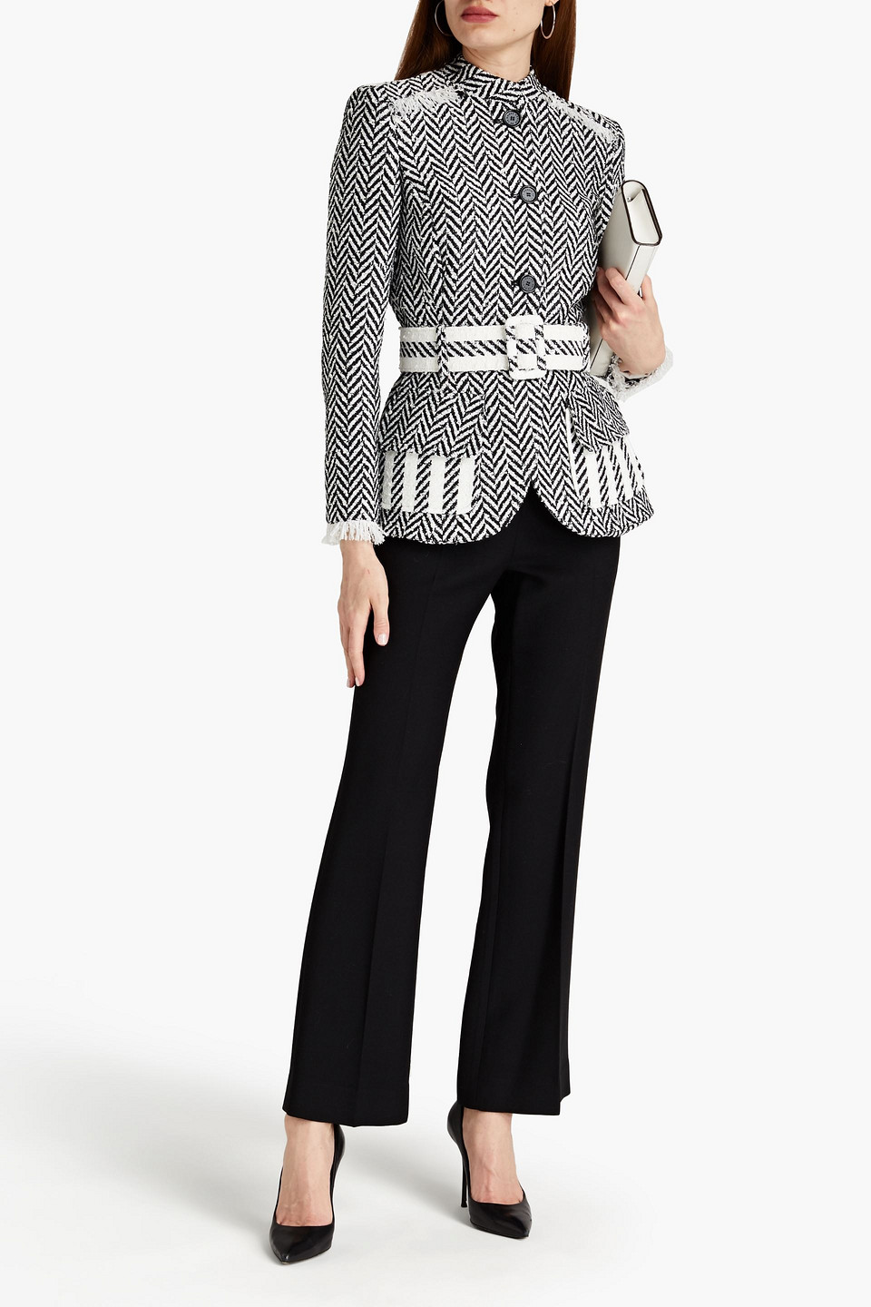 Oscar De La Renta Belted Embellished Herringbone Tweed Jacket In White