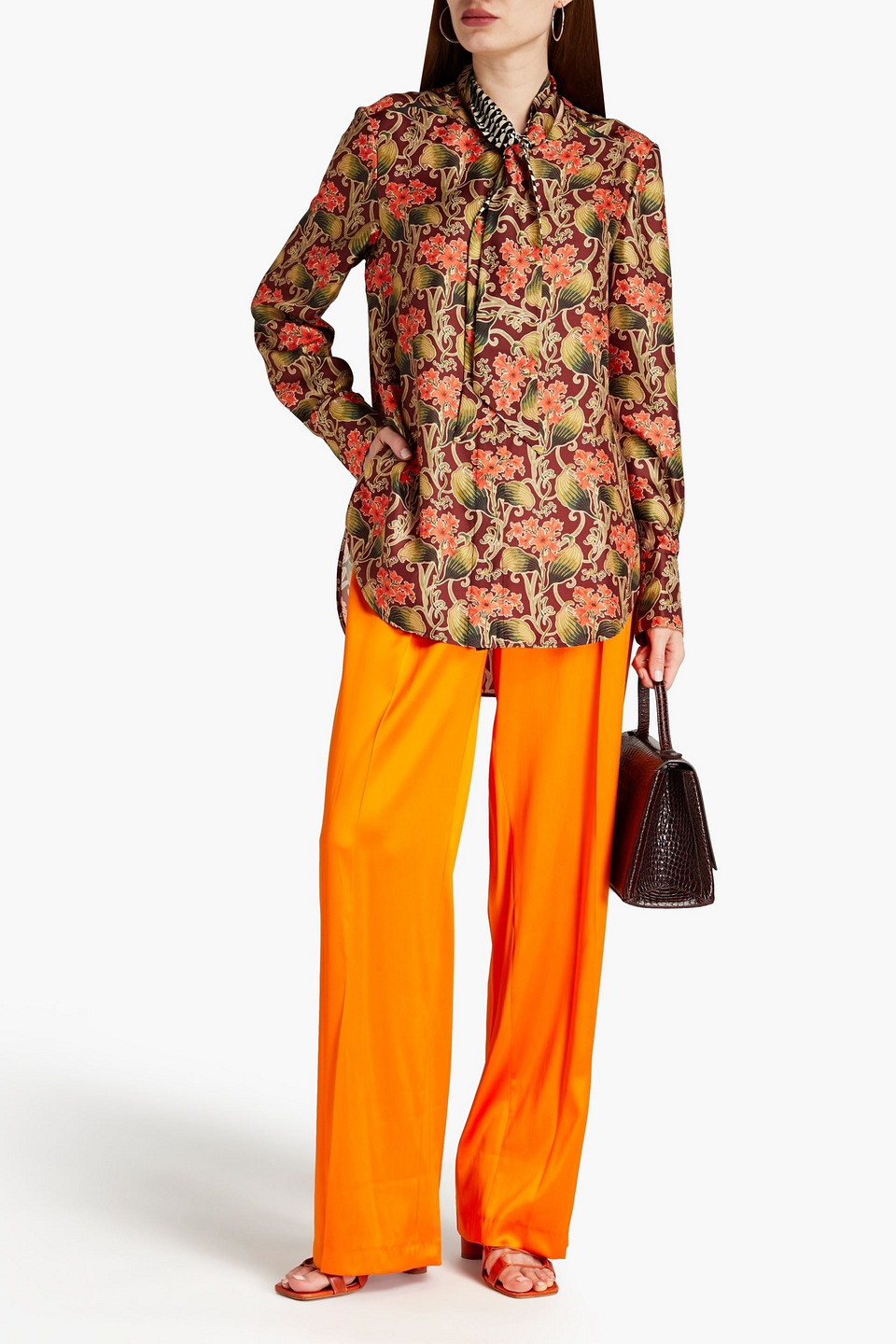 Oscar De La Renta Tie-neck Floral-print Silk-twill Blouse In Coral