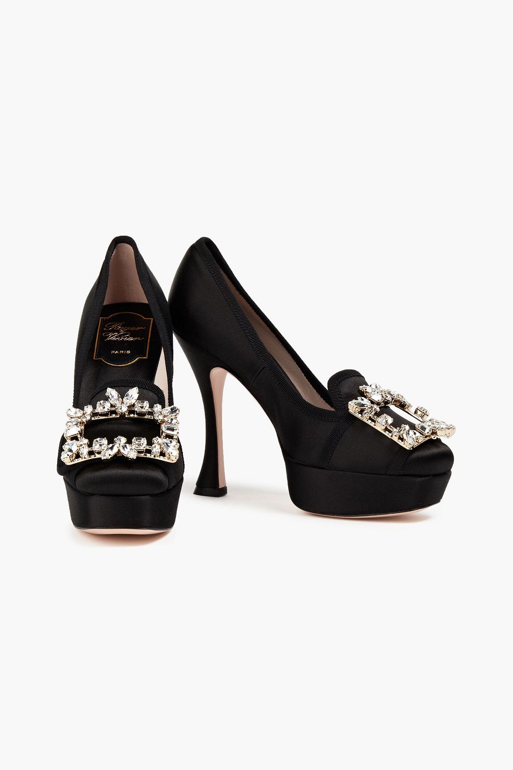 ROGER VIVIER حذاء من الساتان بكعب عالٍ ونعل سميك مزين بالكريستال