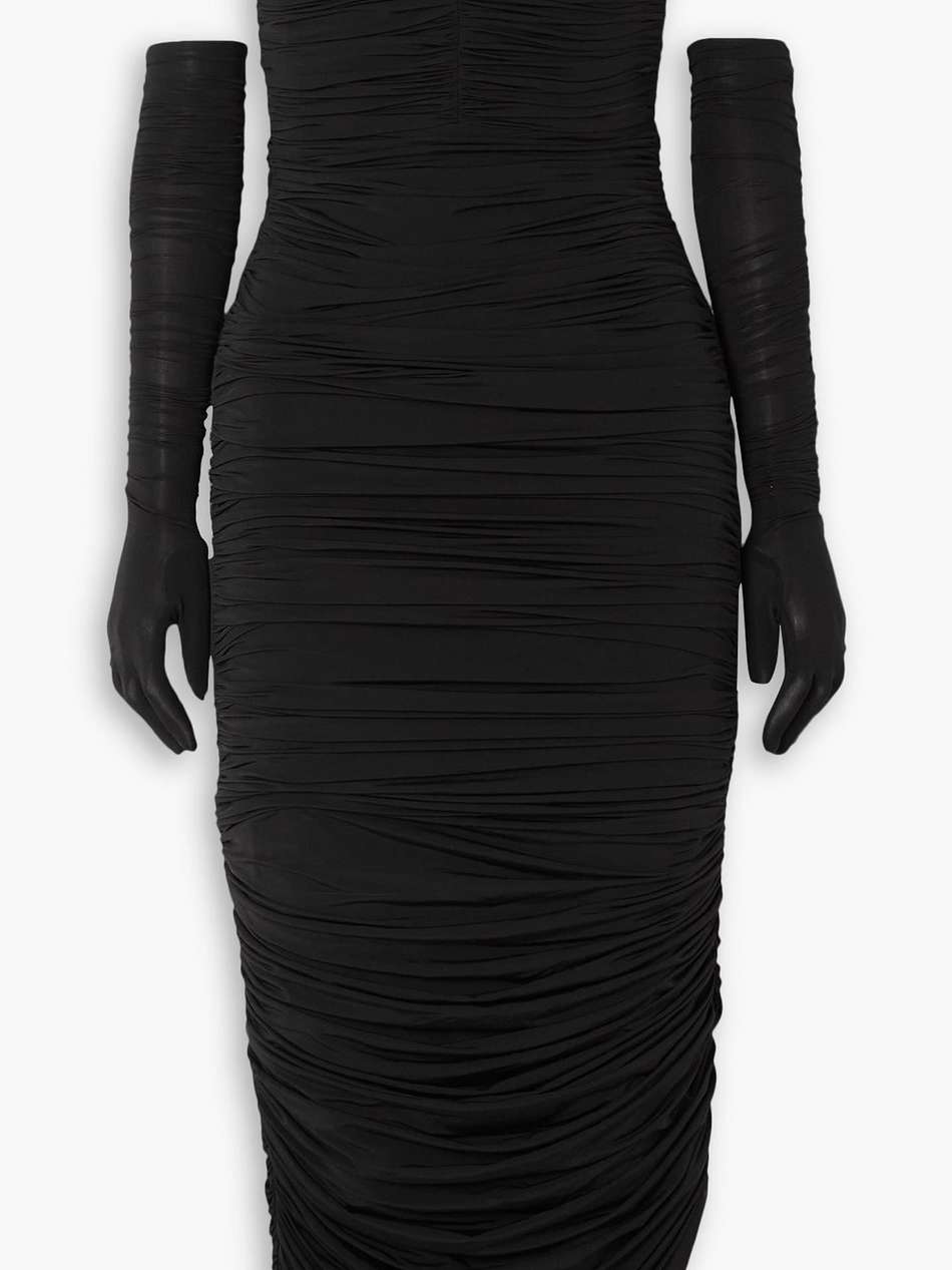 haynes strapless ruched stretch-jersey midi dress and gloves set