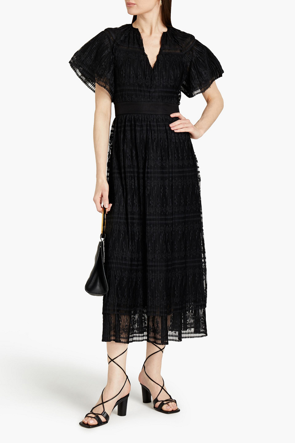 Sandro Charlene Embroidered Pleated Tulle Midi Dress In Black