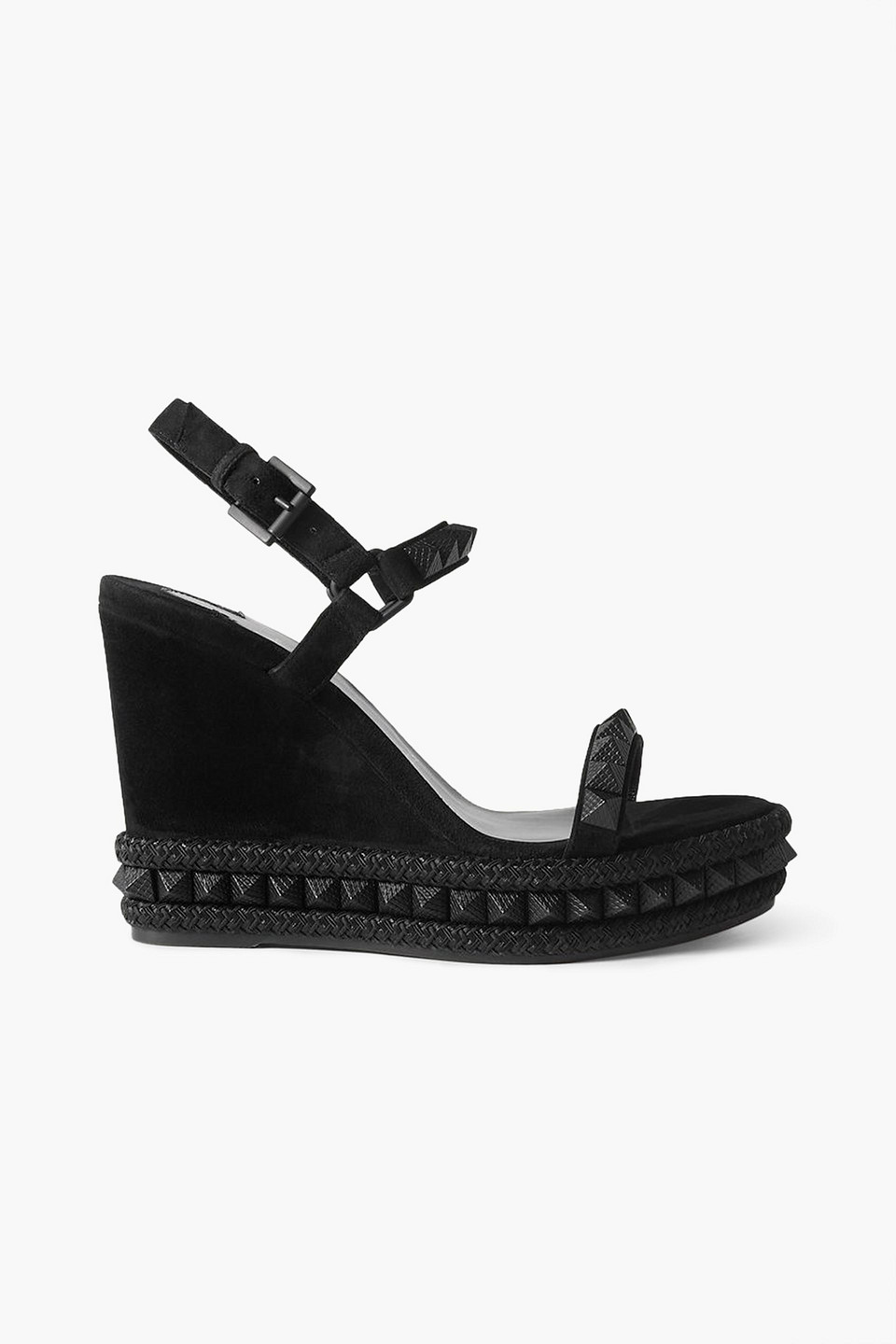 Christian Louboutin Pyraclou 110 Studded Velvet And Leather Wedge Sandals In Black