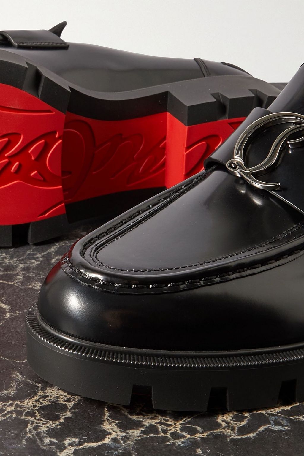 CHRISTIAN LOUBOUTIN Moc Lug embellished glossed-leather loafers