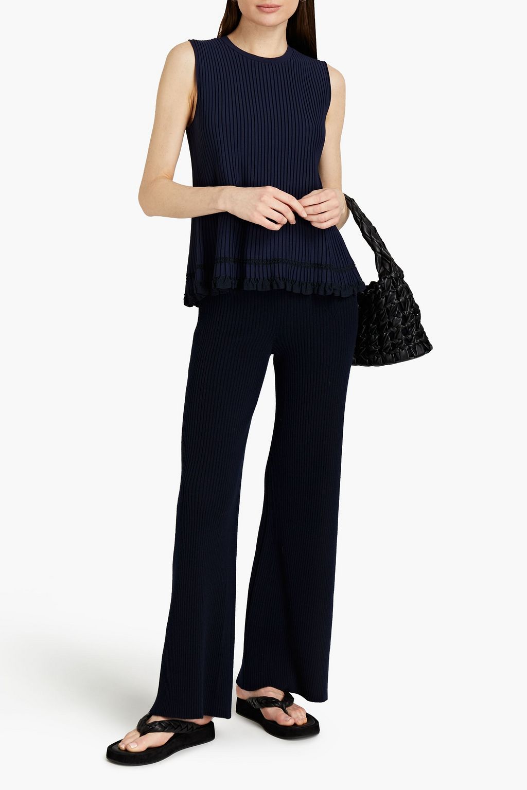 THEORY Pointelle-trimmed ribbed-knit top