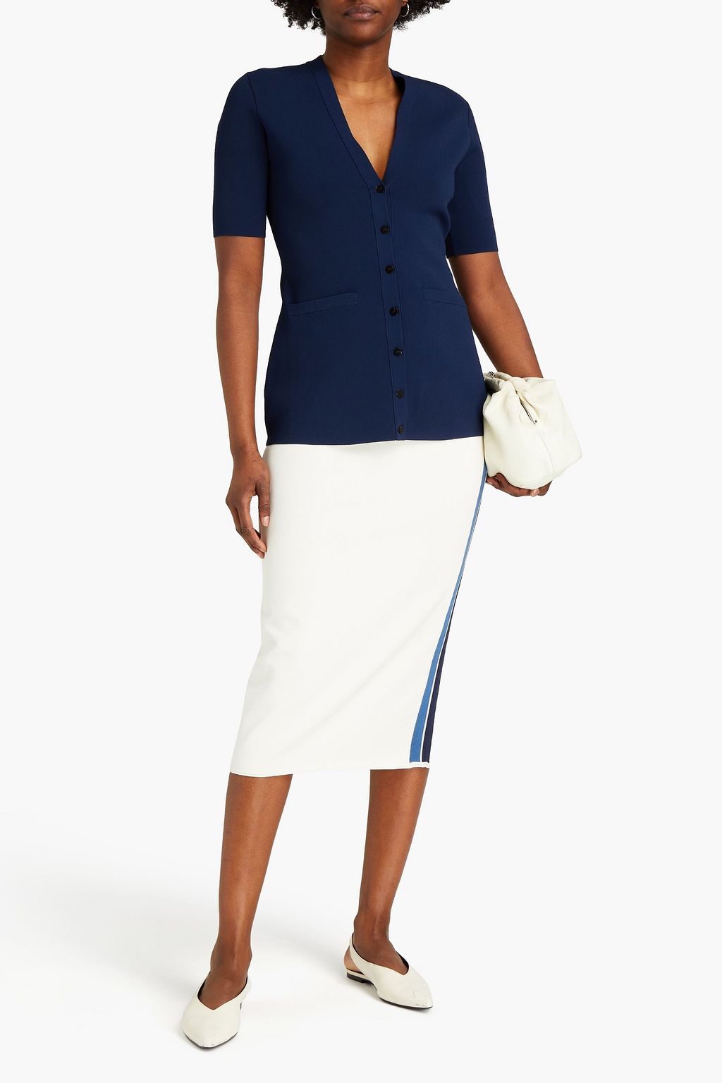 THEORY Striped ribbed-knit midi skirt
