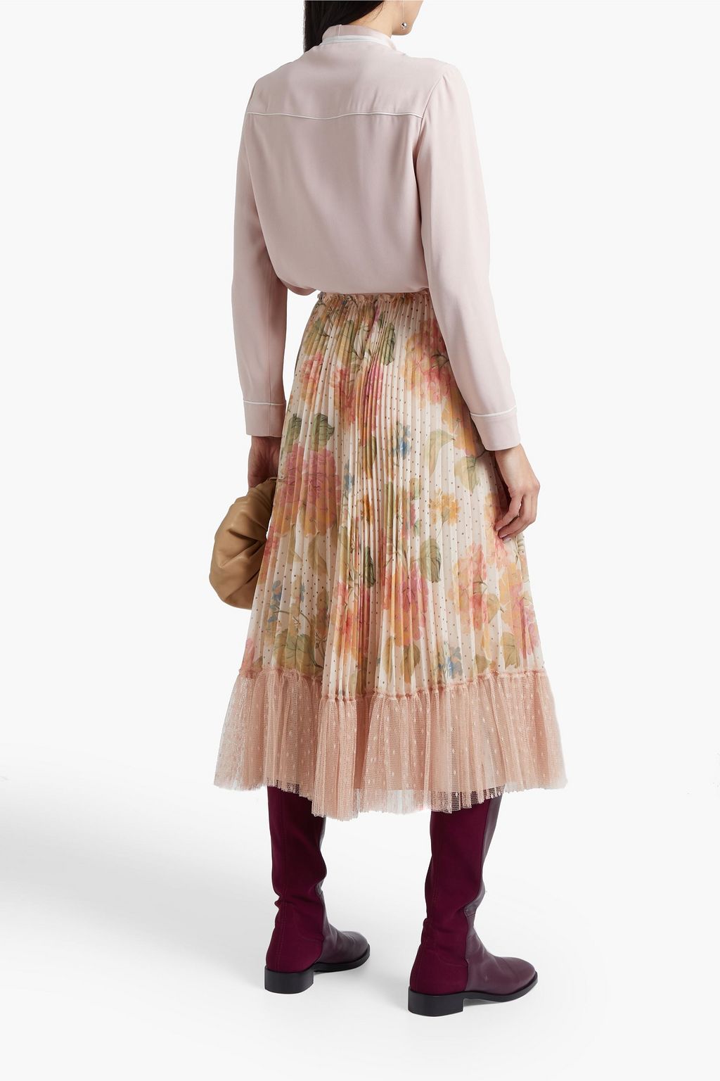 REDVALENTINO تنورة متوسطة الطول من الكريب بأجزاء من قماش بوان ديسبري مزينة بكسرات