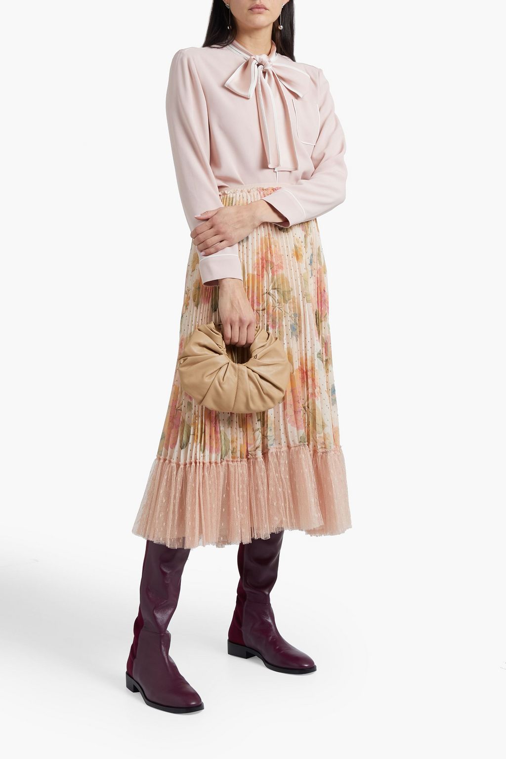 REDVALENTINO تنورة متوسطة الطول من الكريب بأجزاء من قماش بوان ديسبري مزينة بكسرات
