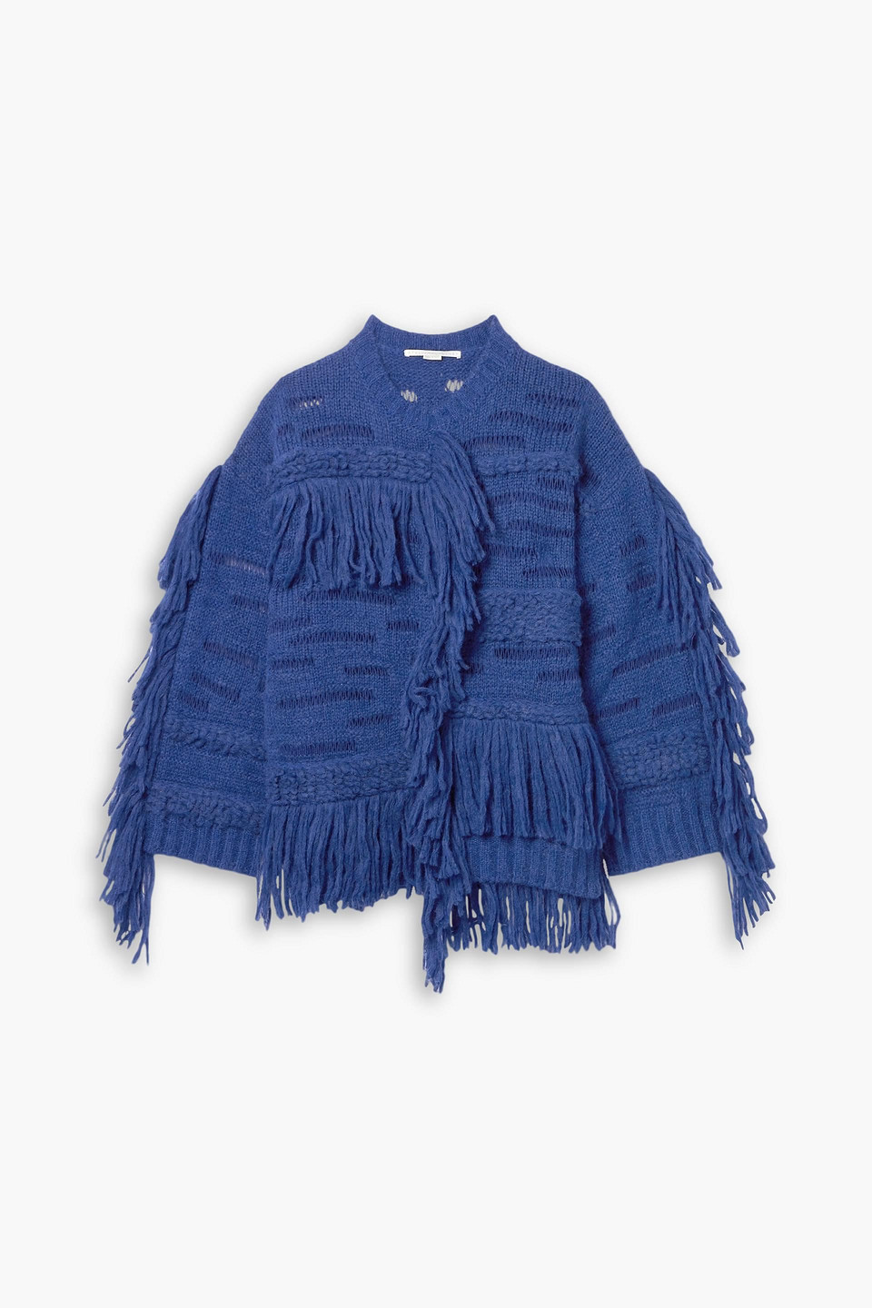 Shop Stella Mccartney Fringed Open-knit Alpaca-blend Sweater In Blue