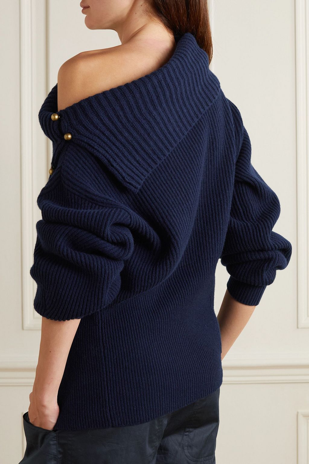 STELLA MCCARTNEY Asymmetric embellished ribbed cashmere and wool blend sweater THE OUTNET