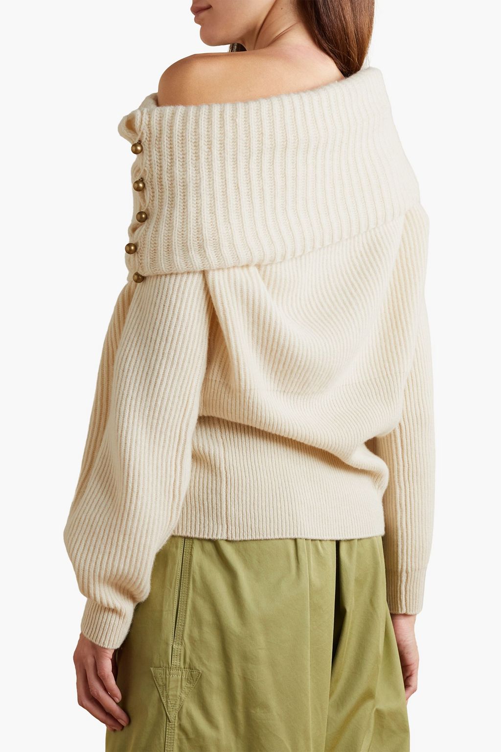 STELLA MCCARTNEY 비대칭 장식 디테일 리브 캐시미어 울 혼방 스웨터